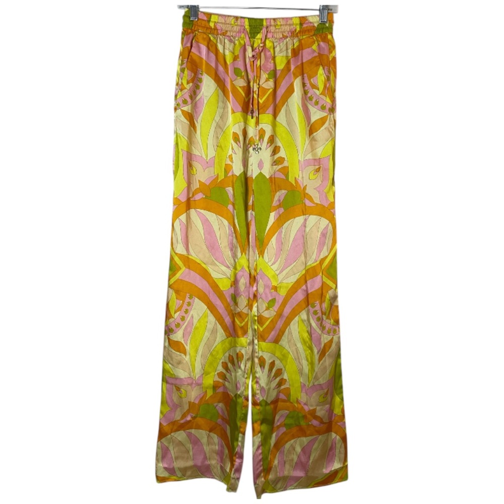 Zara Pants Womens XS Wide Leg Retro Colorful Vacation Pink Orange Satin
